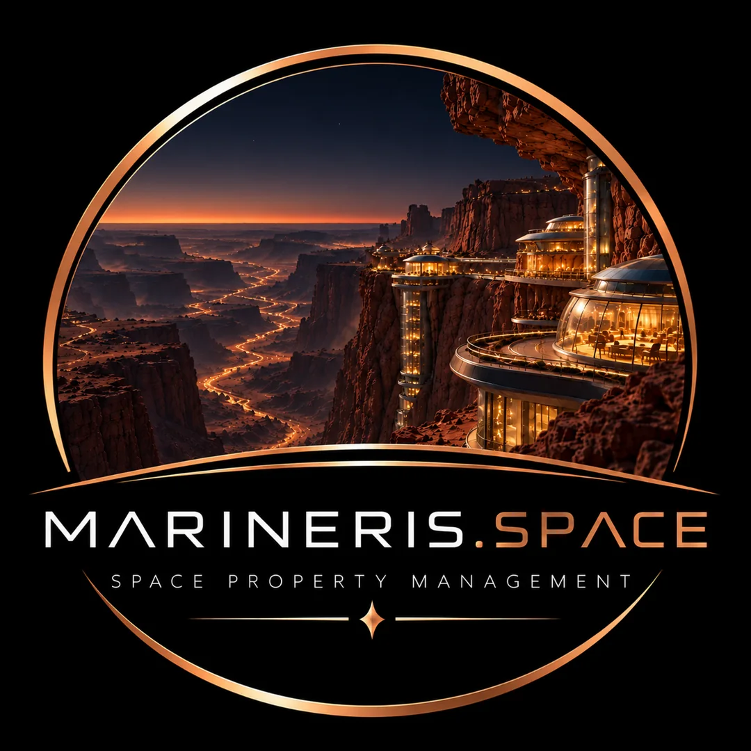 Concept visualization of an illuminated, enclosed Martian cliffside settlement at twilight